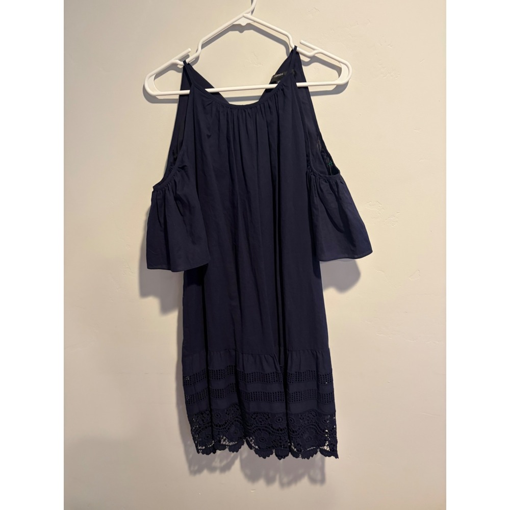 Maggy London Navy Blue Cold Shoulder Eyelet Lace Hem Cotton Dress Size 6